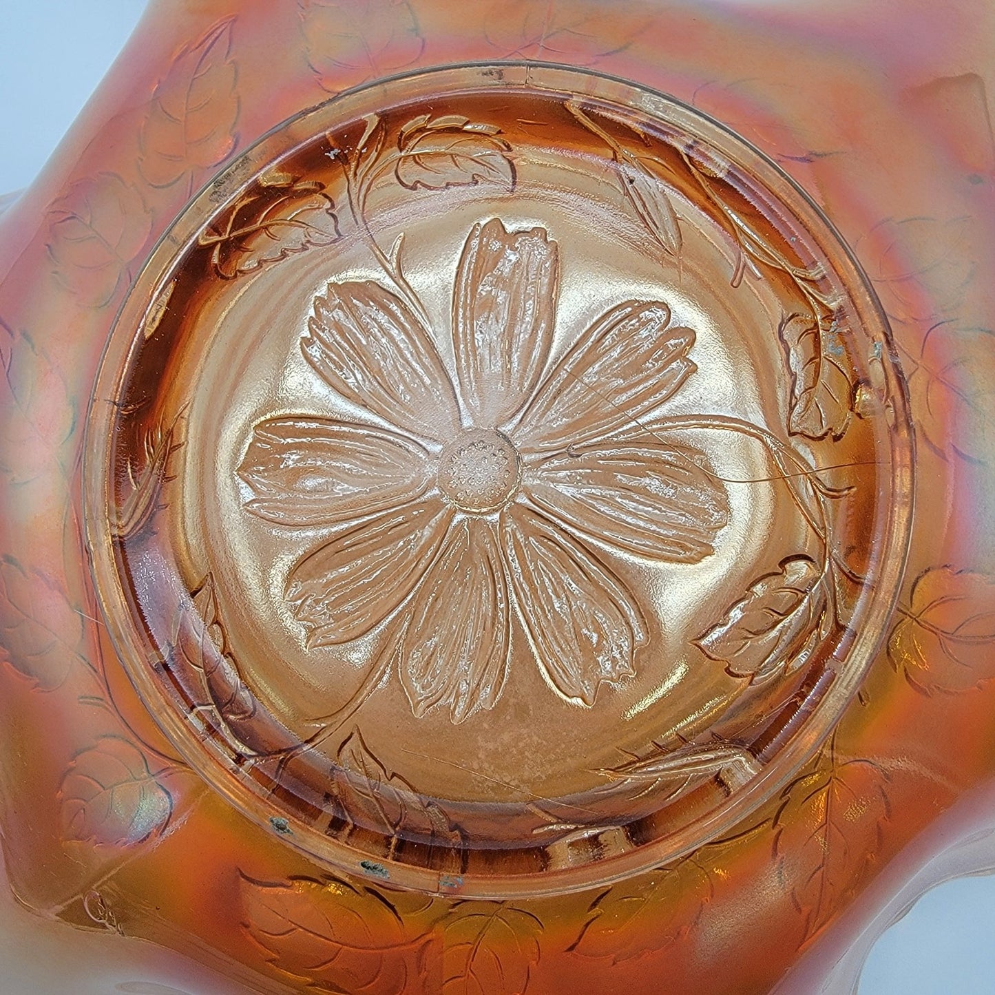 Antique Dugan Carnival Glass Cosmos Variant Ruffled Bowl Marigold