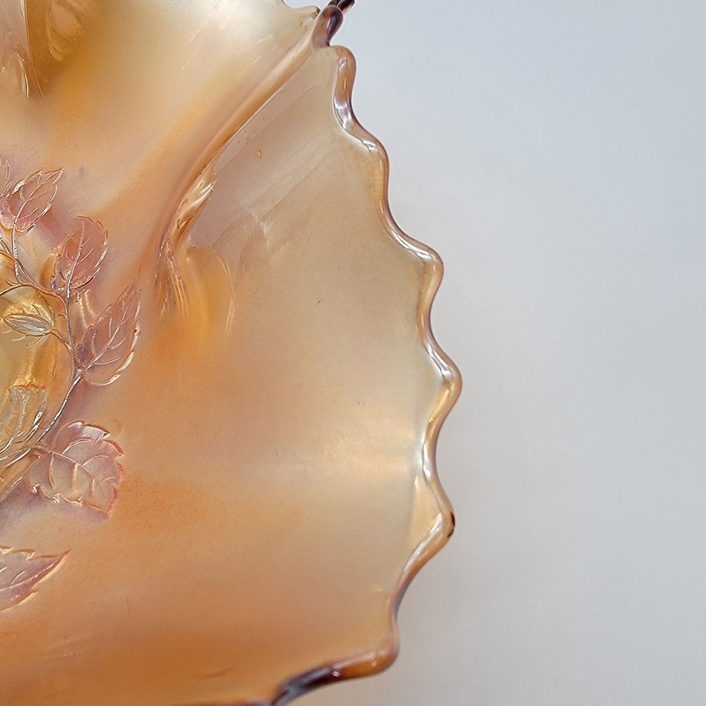 Antique Dugan Carnival Glass Cosmos Variant Ruffled Bowl Marigold