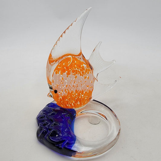 Party Lite Art Glass Angel Fish Candle Holder Orange Blue