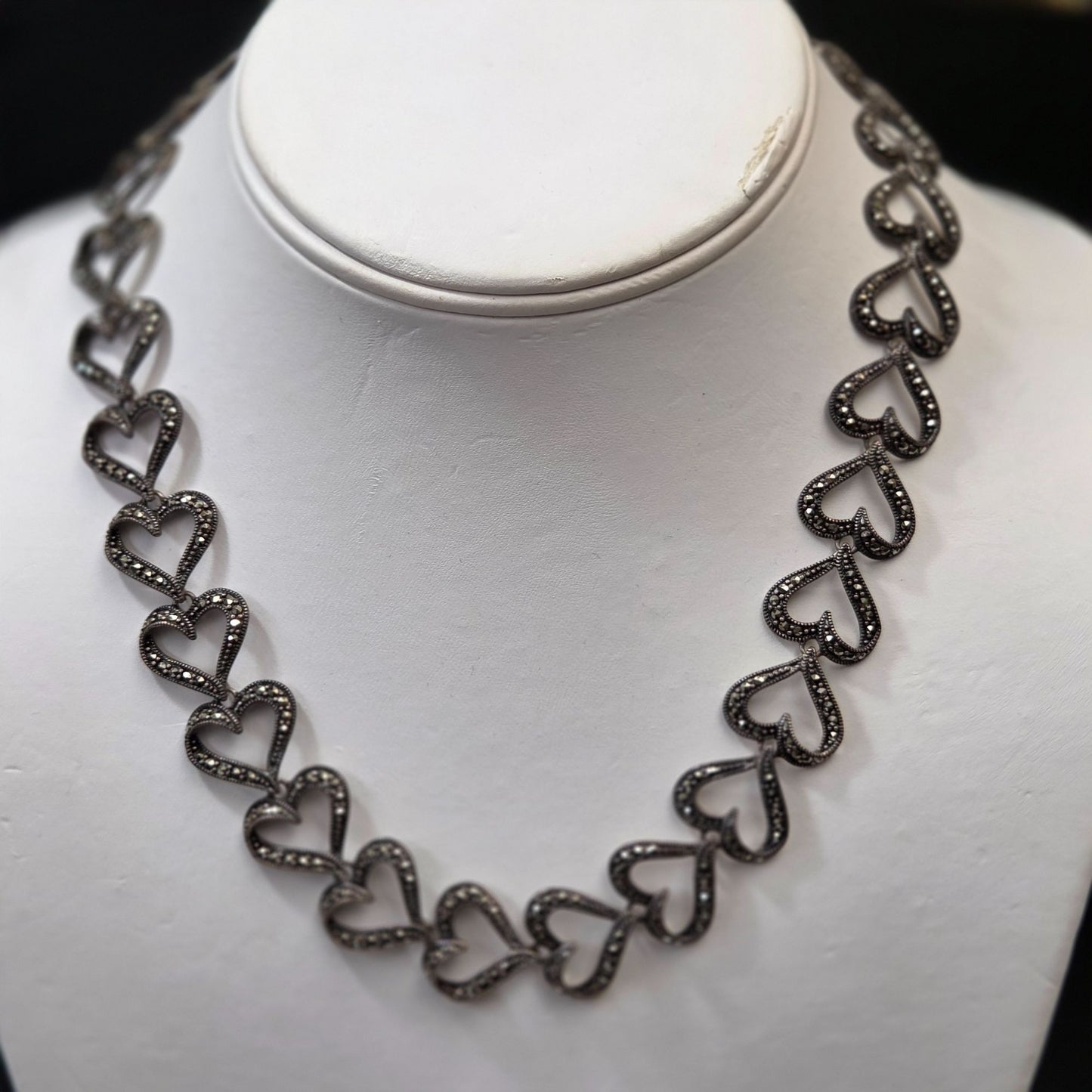 Sterling Silver 925 Marcasite Open Heart Necklace 17"