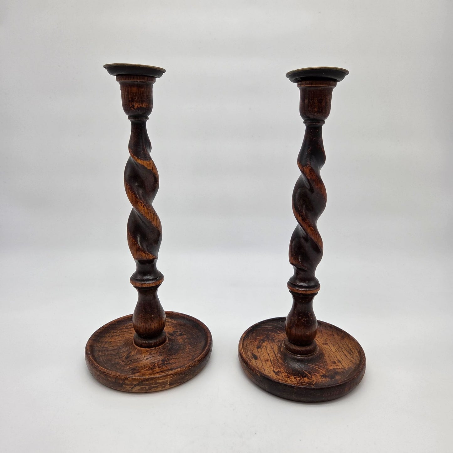 Pair Of Antique English Wooden Barley Twist Candle Holders