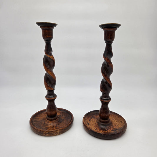 Pair Of Antique English Wooden Barley Twist Candle Holders