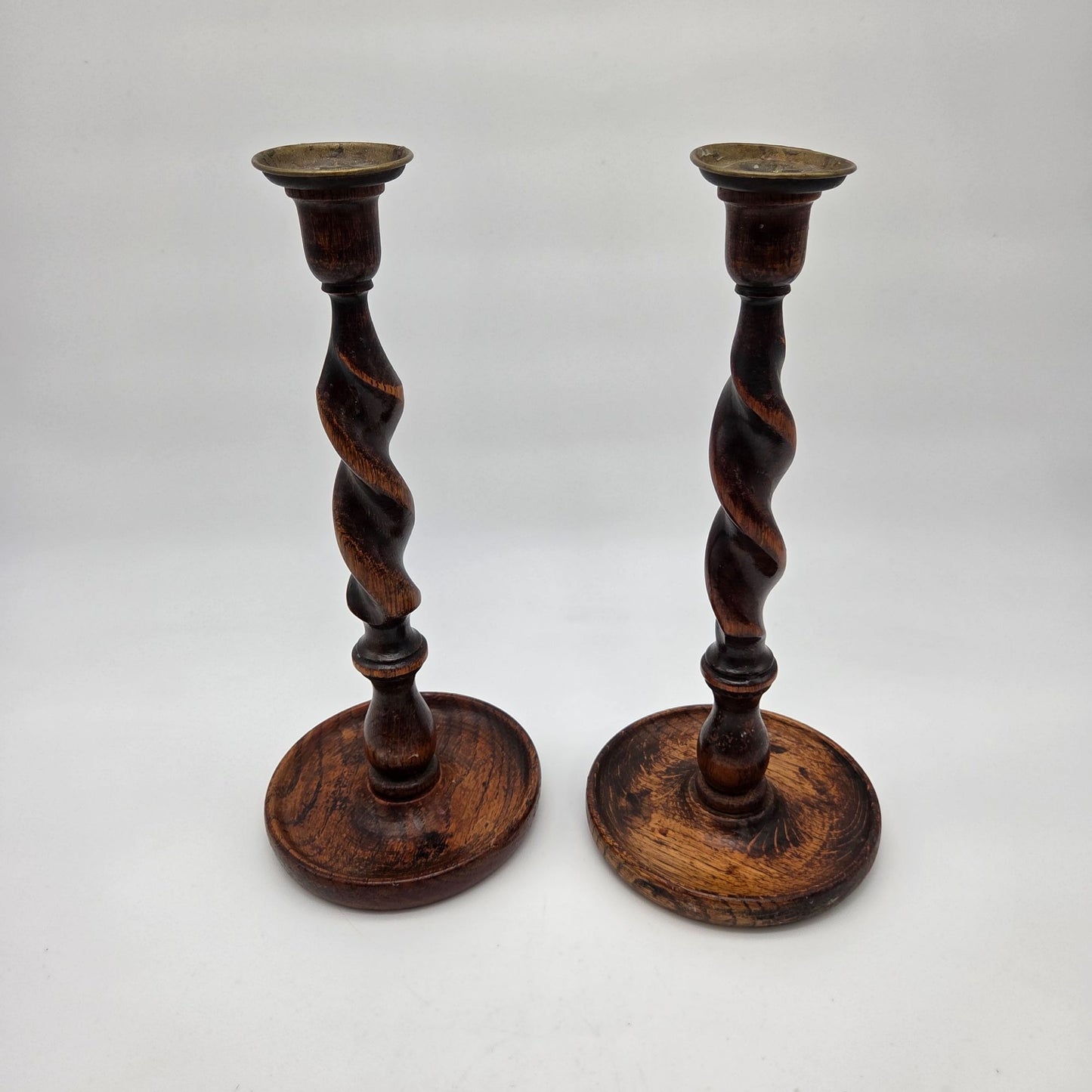 Pair Of Antique English Wooden Barley Twist Candle Holders