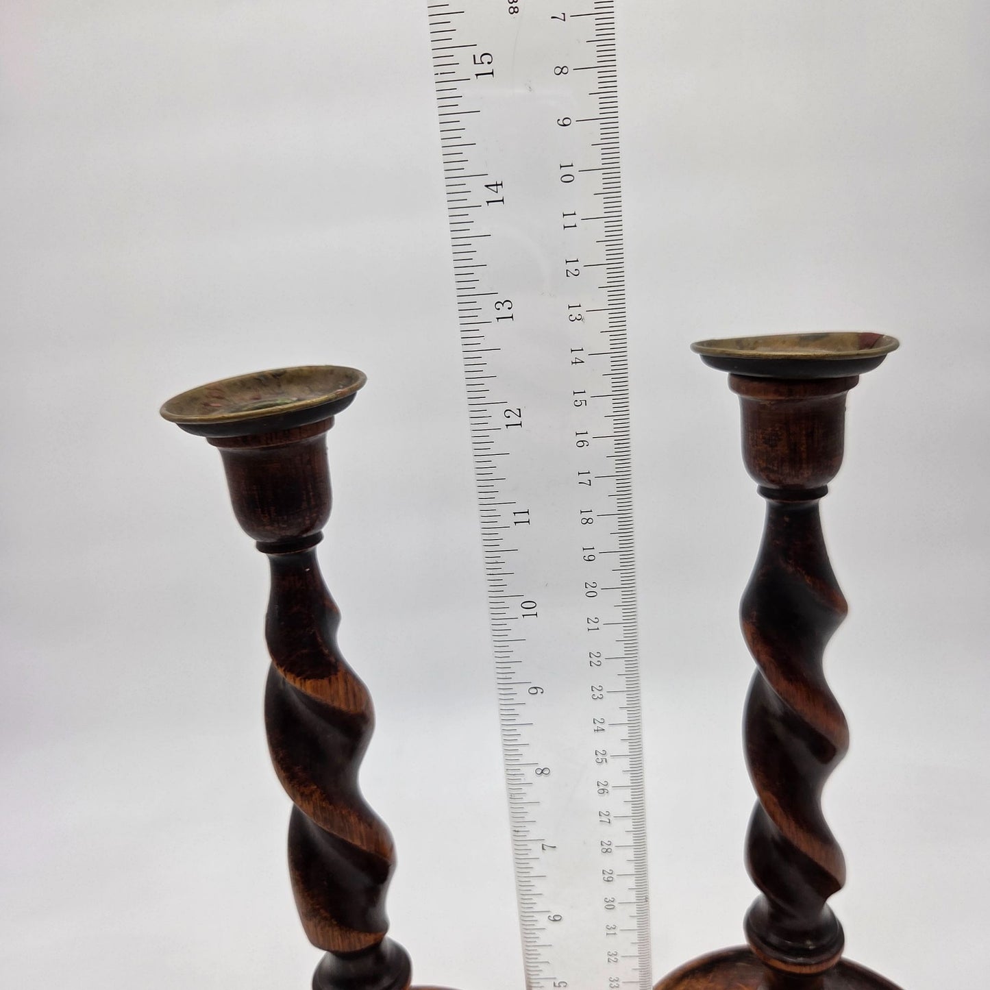 Pair Of Antique English Wooden Barley Twist Candle Holders