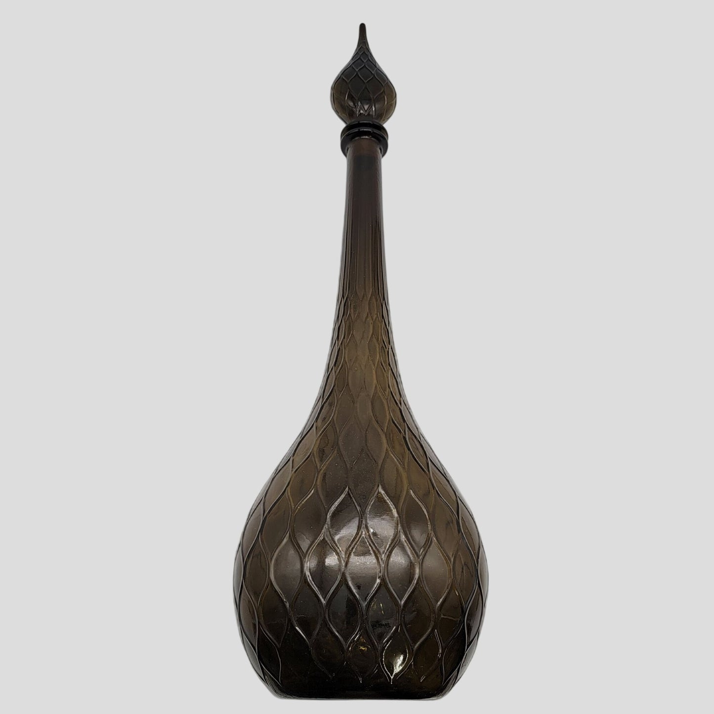 Mid Century Empoli Art Glass Genie Bottle Decanter with Stopper Green Quilted  - 26"