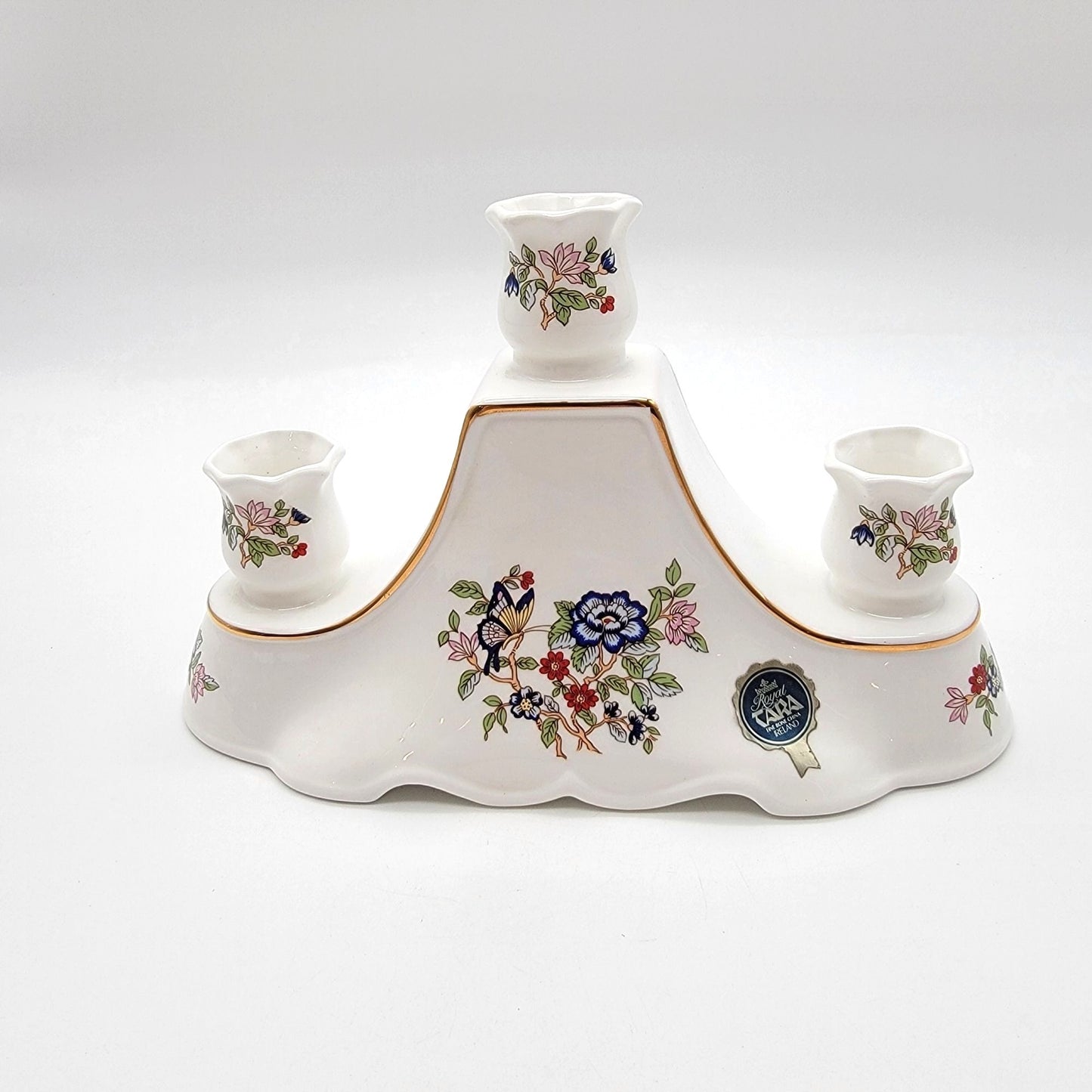 Vintage Royal Tara Ireland Fine Bone China Triple Candelabra Harmony Pattern Butterfly & Floral Motifs