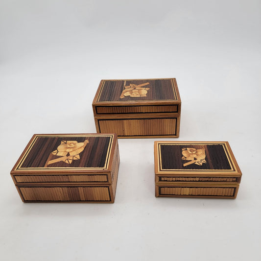 Vintage Bamboo Marquetry Rose Trinket Nesting Boxes Set of 3