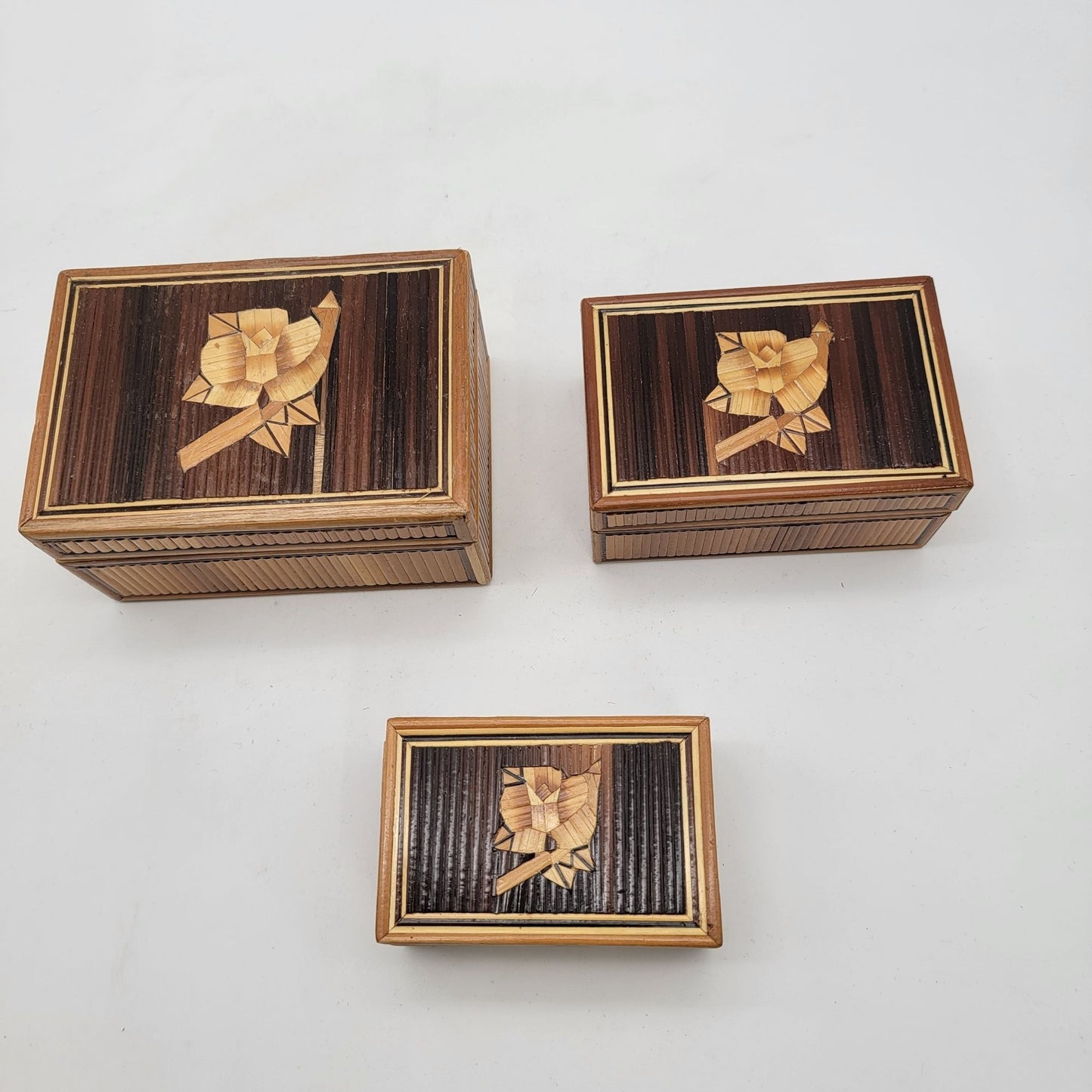 Vintage Bamboo Marquetry Rose Trinket Nesting Boxes Set of 3