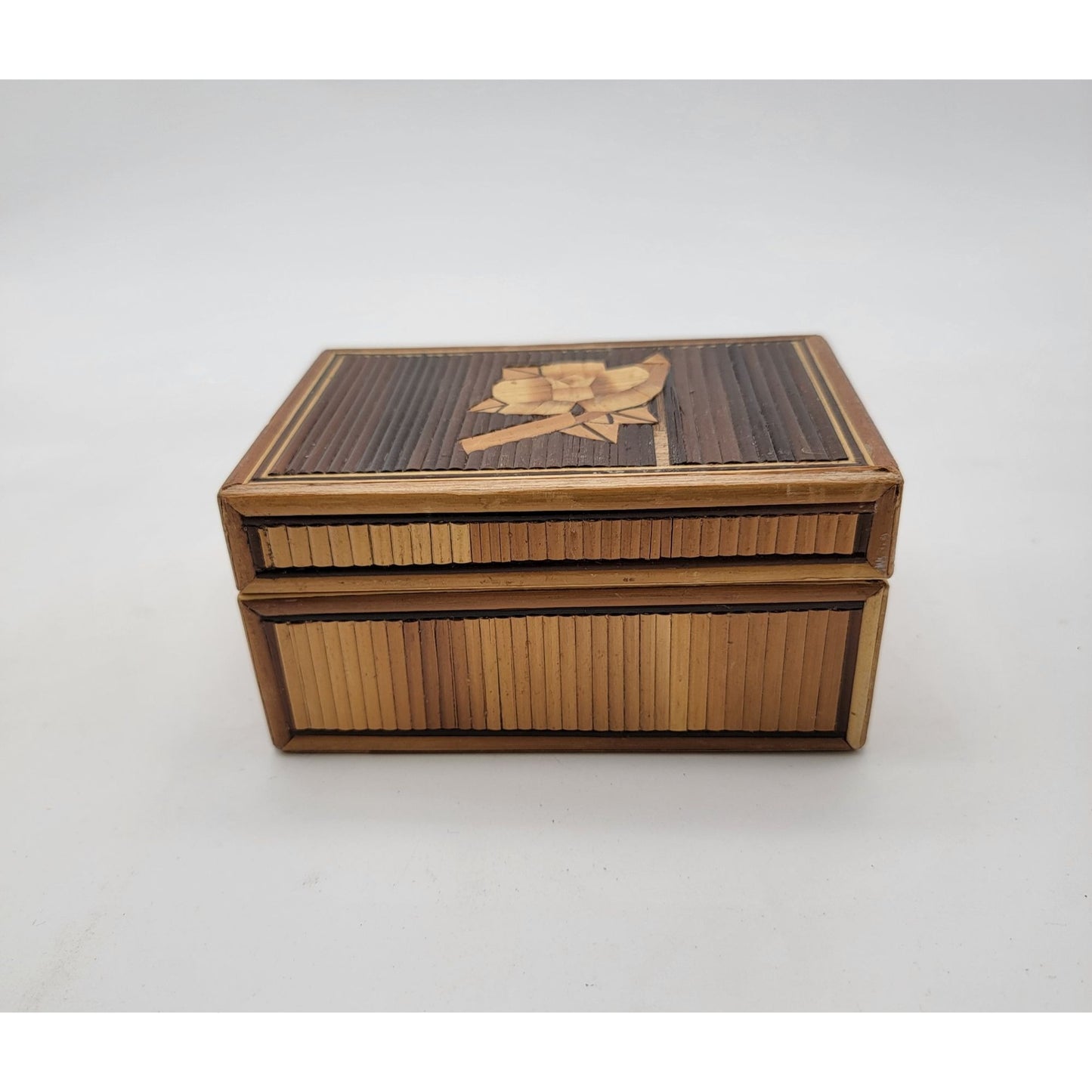 Vintage Bamboo Marquetry Rose Trinket Nesting Boxes Set of 3