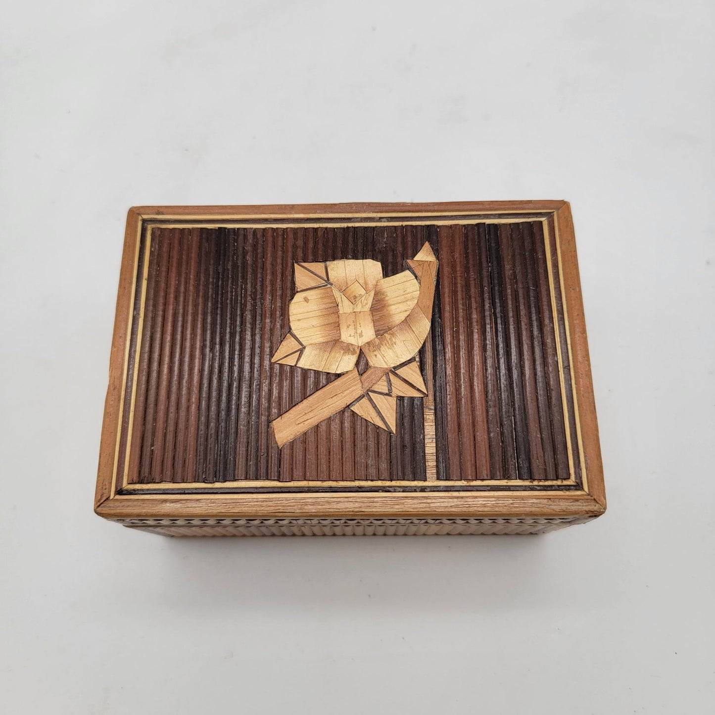 Vintage Bamboo Marquetry Rose Trinket Nesting Boxes Set of 3