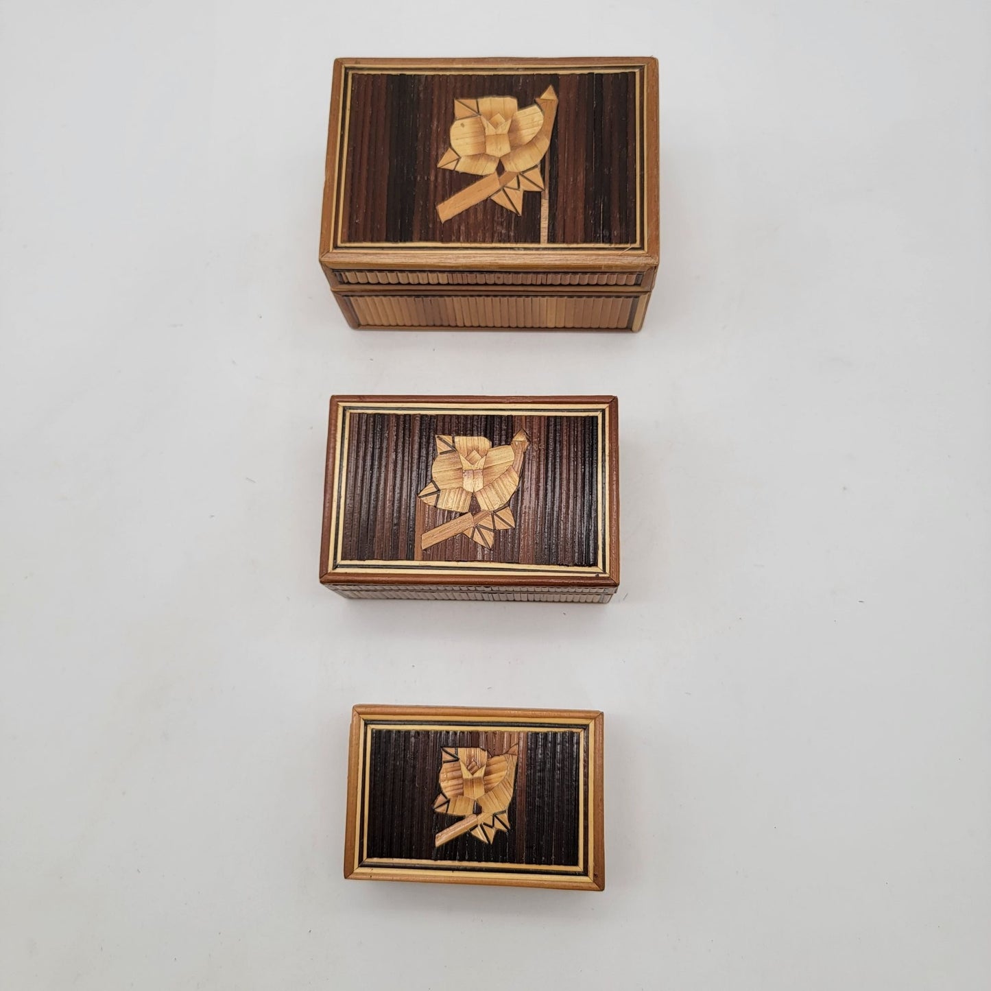 Vintage Bamboo Marquetry Rose Trinket Nesting Boxes Set of 3