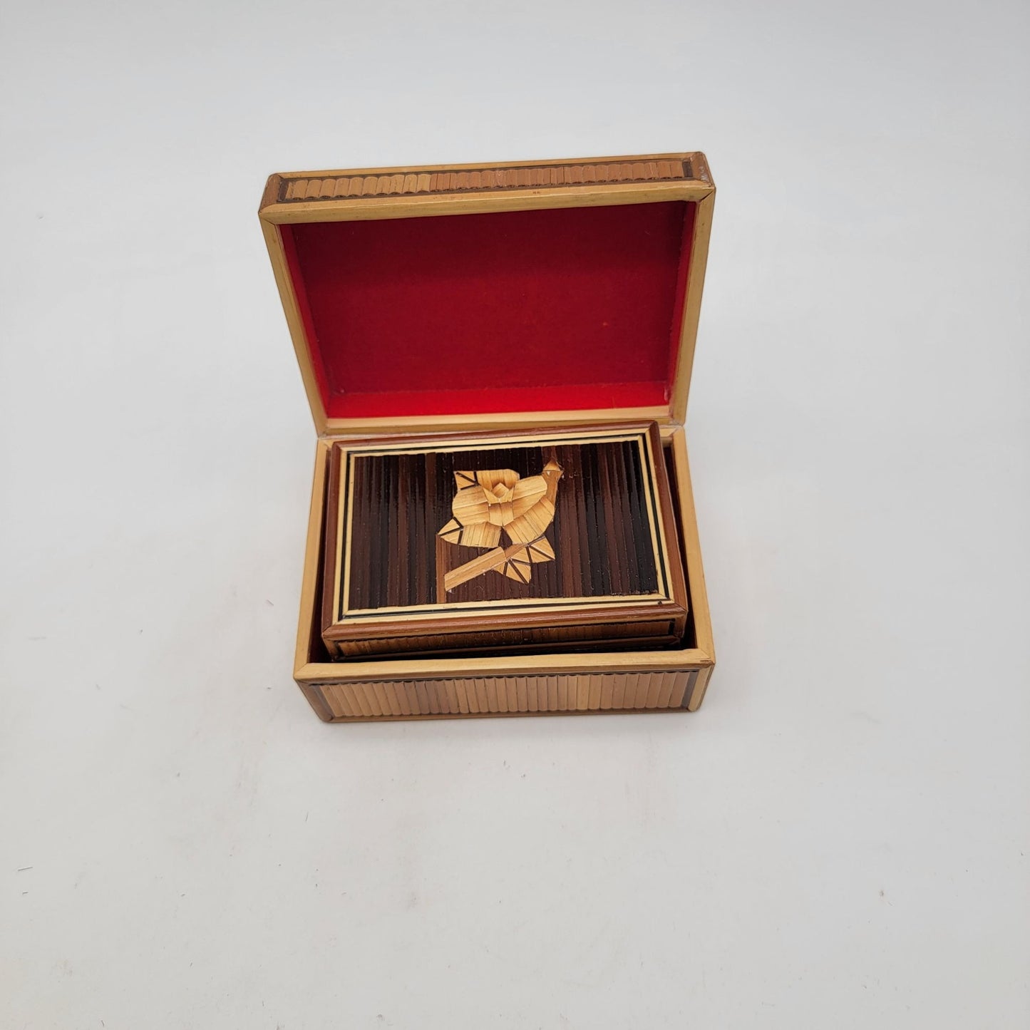 Vintage Bamboo Marquetry Rose Trinket Nesting Boxes Set of 3