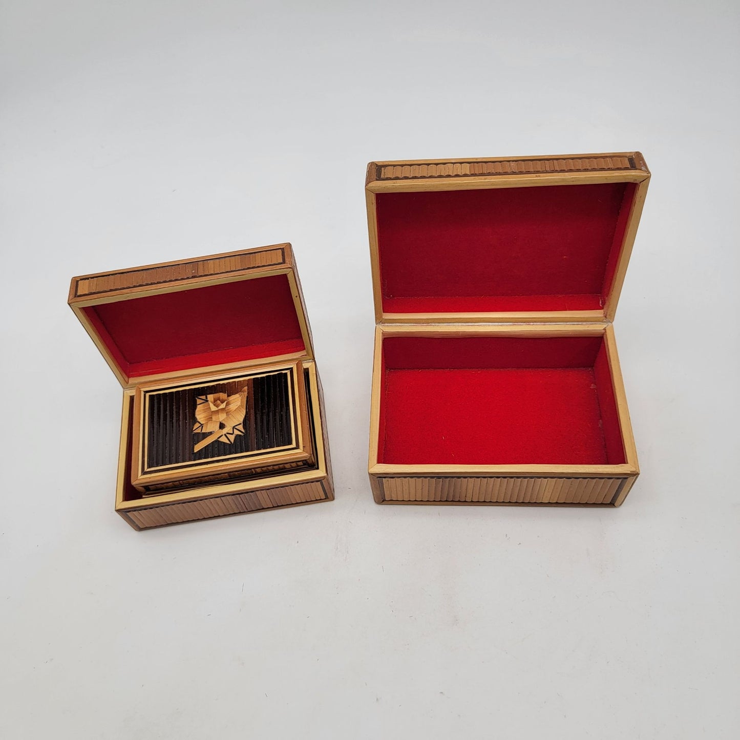 Vintage Bamboo Marquetry Rose Trinket Nesting Boxes Set of 3
