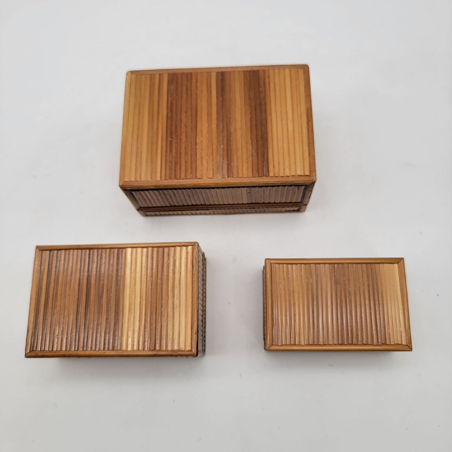 Vintage Bamboo Marquetry Rose Trinket Nesting Boxes Set of 3