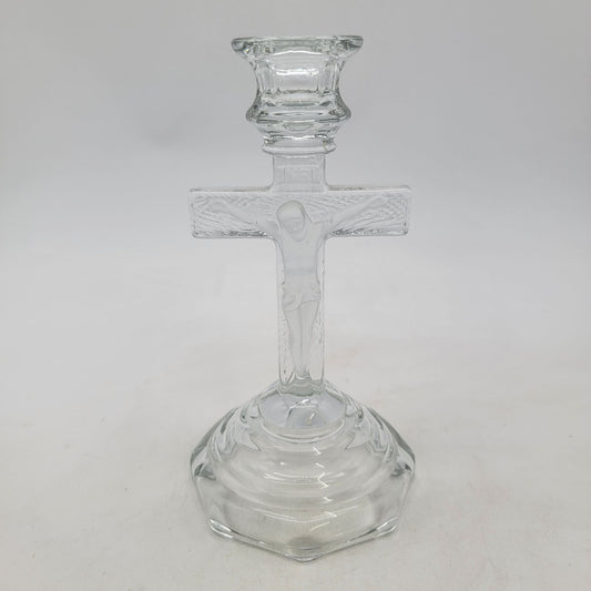 Vintage Pressed Glass Crucifix Cross Candle Holder