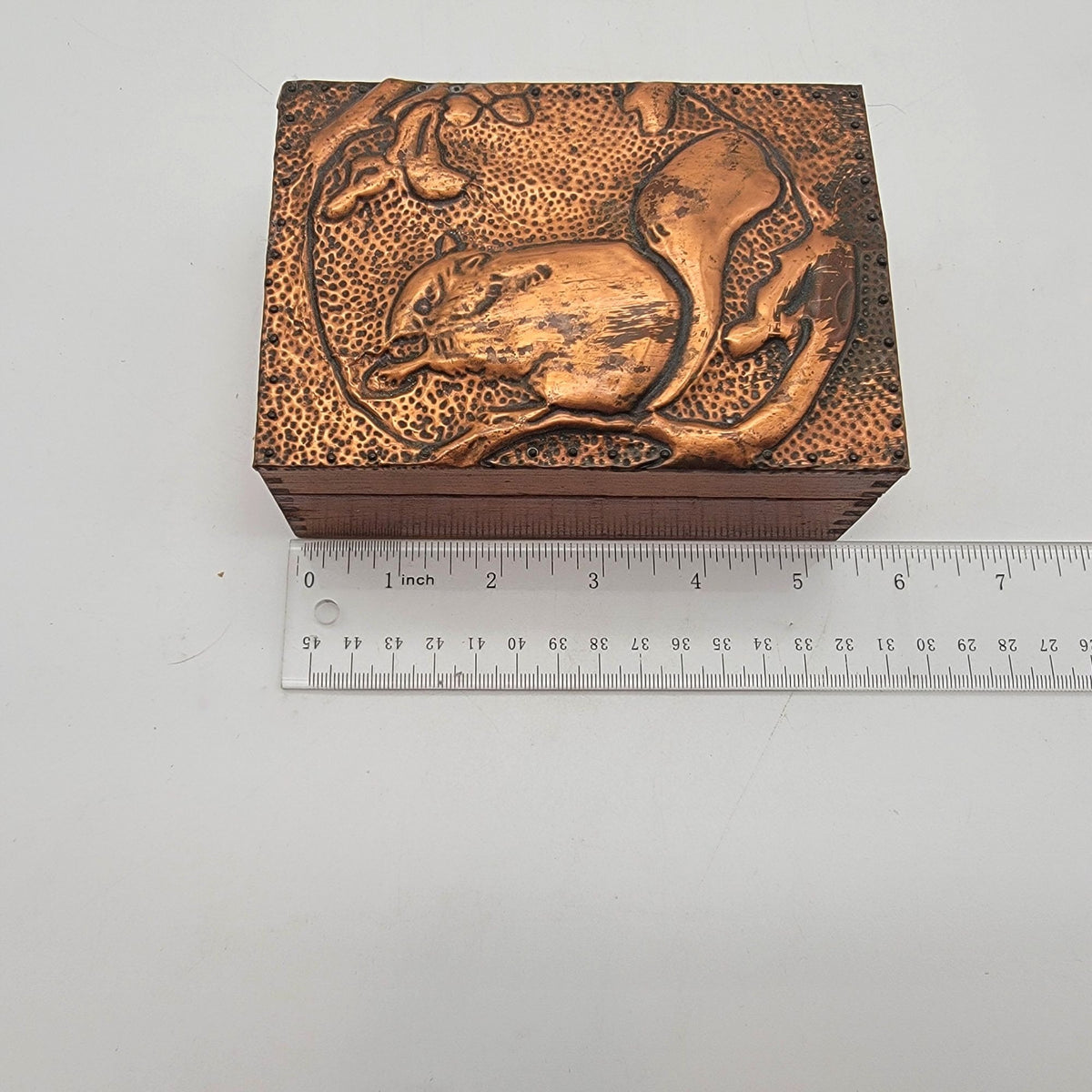 Vintage Hammered Copper Repousse Squirrel Wood Box