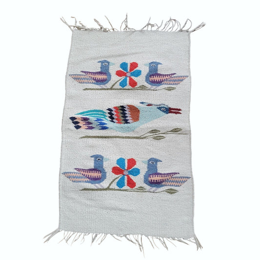 Vintage Zapotec Oaxacan Mexican Wool Rug With Birds