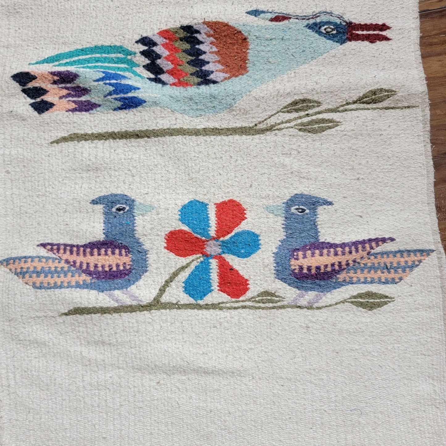 Vintage Zapotec Oaxacan Mexican Wool Rug With Birds