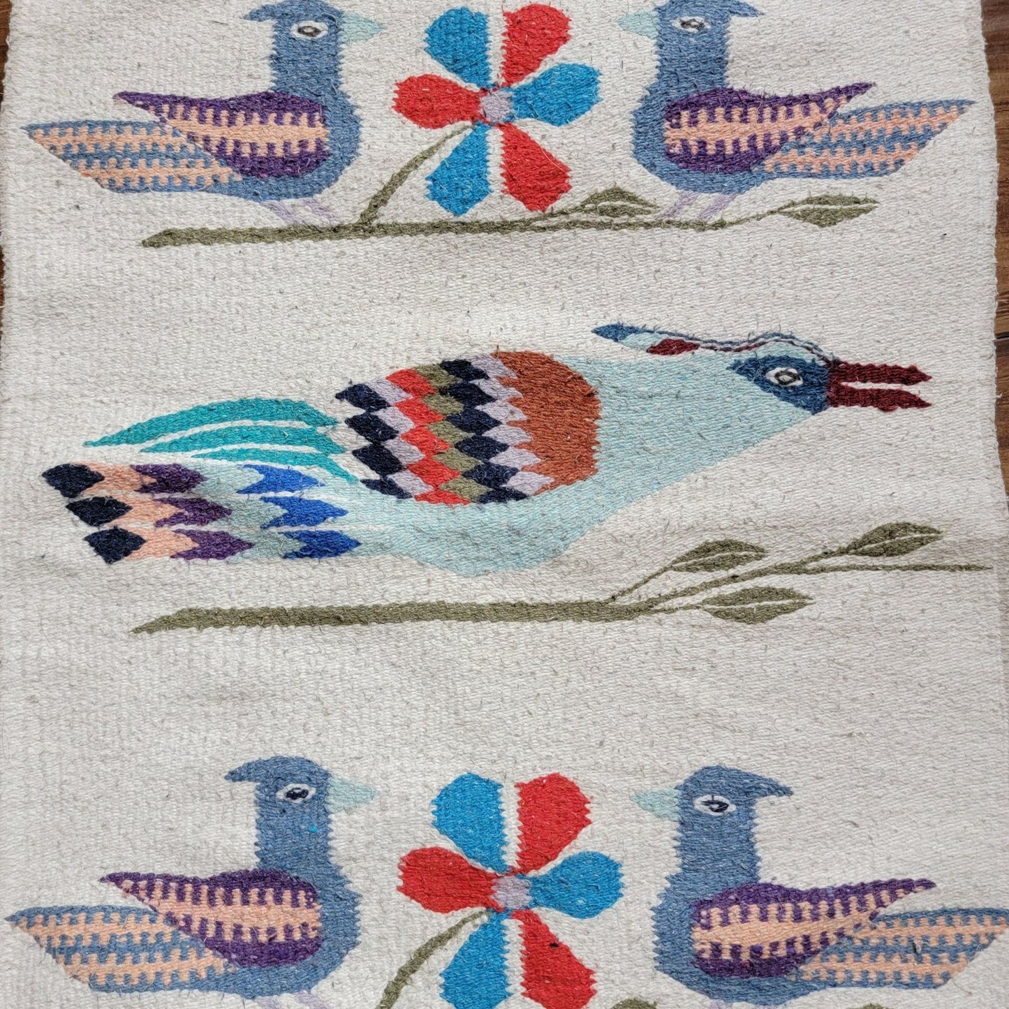 Vintage Zapotec Oaxacan Mexican Wool Rug With Birds