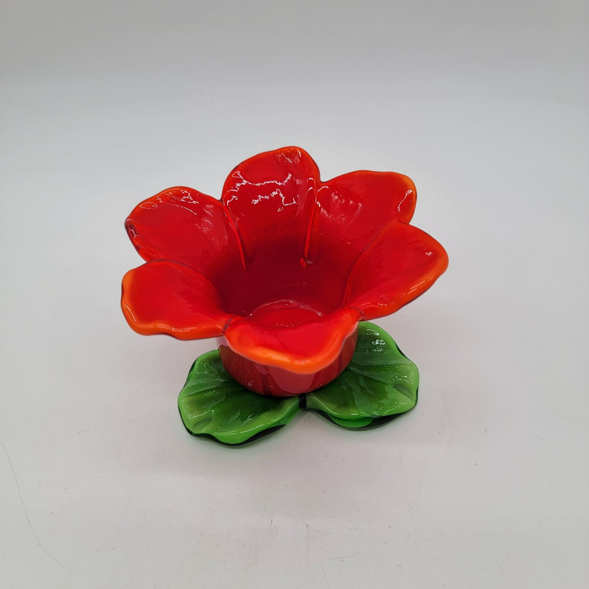 Hand Blown Glass Flower Candle Holder Red & Green