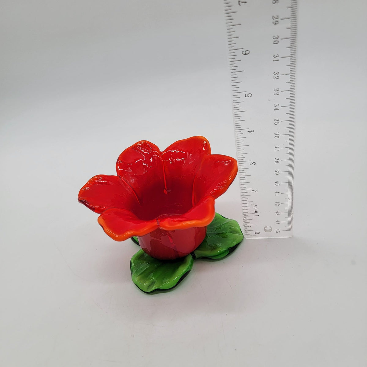 Hand Blown Glass Flower Candle Holder Red & Green