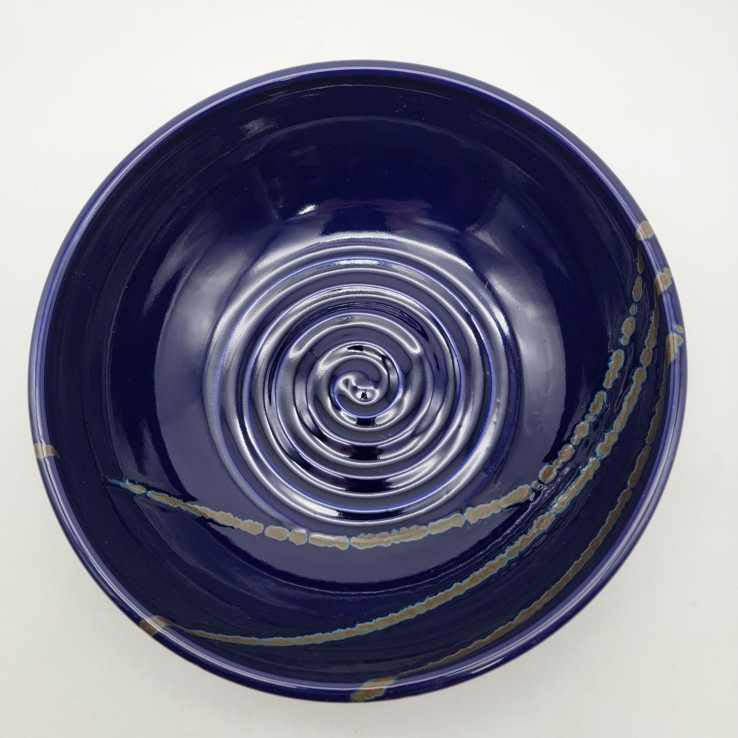 Signed Blue Art Pottery Bowl  With Spiral Pattern & Glazed Accents