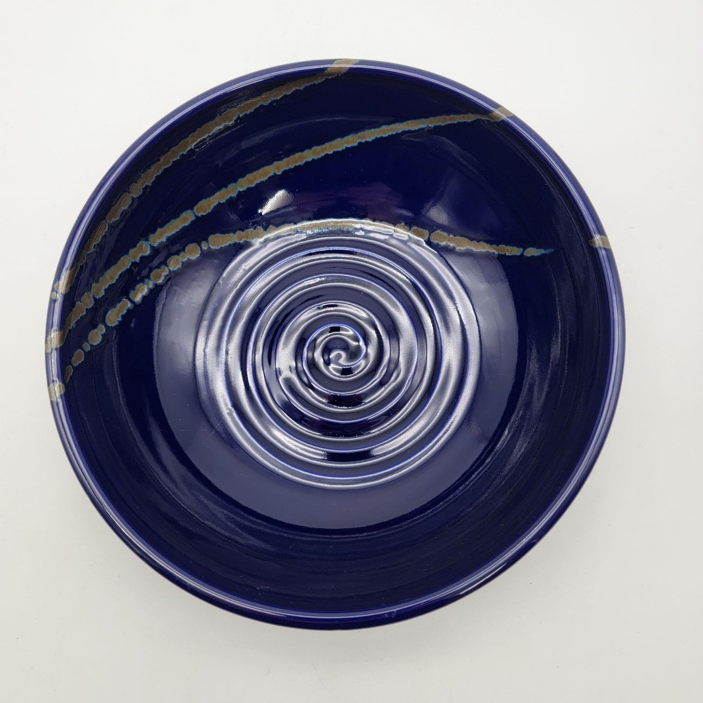 Signed Blue Art Pottery Bowl  With Spiral Pattern & Glazed Accents