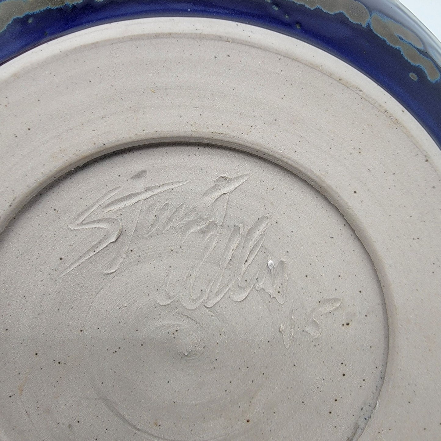 Signed Blue Art Pottery Bowl  With Spiral Pattern & Glazed Accents