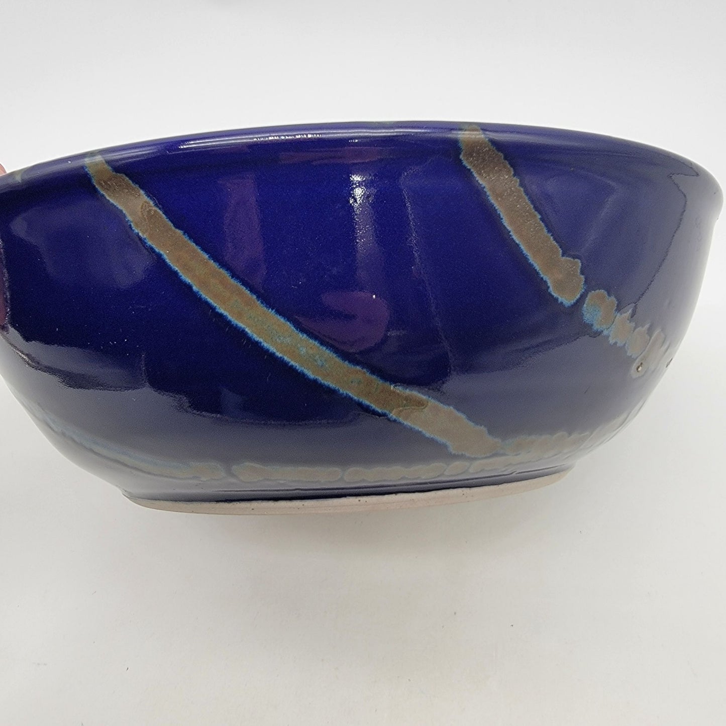 Signed Blue Art Pottery Bowl  With Spiral Pattern & Glazed Accents