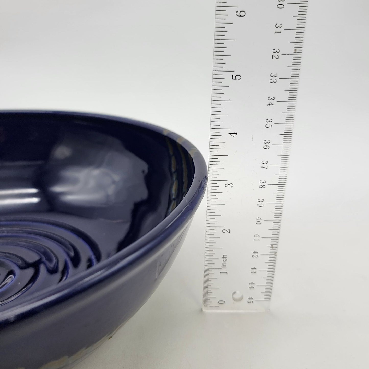 Signed Blue Art Pottery Bowl  With Spiral Pattern & Glazed Accents