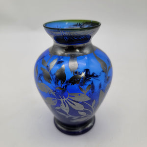 Vintage Cobalt Blue Glass Vase With Silver Overlay