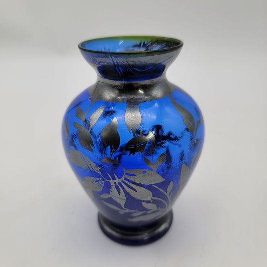 Vintage Cobalt Blue Glass Vase With Silver Overlay