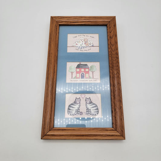 Vintage Framed 3-Prints Folk Art Cats Americana Wall Art