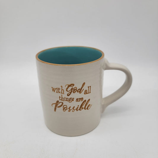 Inspirational Coffee Mug With Quote "With God All Things Are Possible" White & Teal