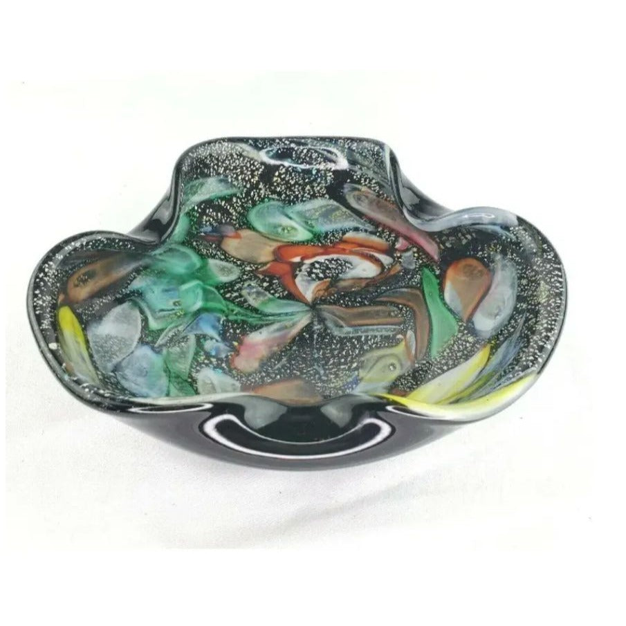 Mid 20th Century Avem Tutti Frutti Dino Martins Black Aventurine Murano Glass Bowl
