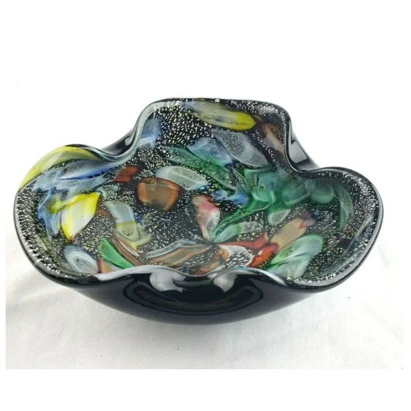 Mid 20th Century Avem Tutti Frutti Dino Martins Black Aventurine Murano Glass Bowl