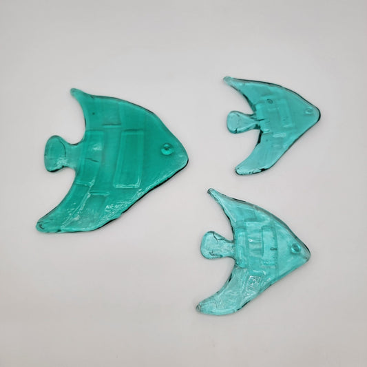 Set Of 3 Vintage Recycled Glass Teal Blue Angel Fish Sculptures