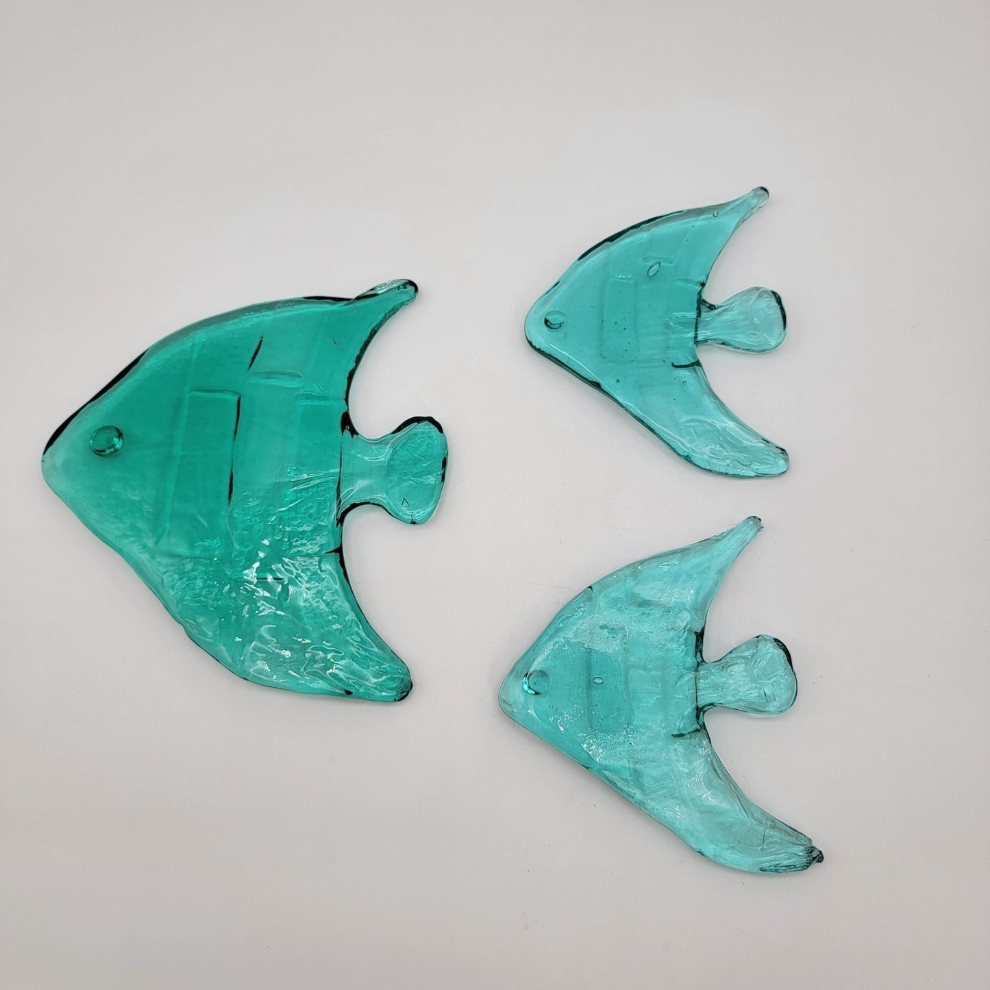 Set Of 3 Vintage Recycled Glass Teal Blue Angel Fish Sculptures