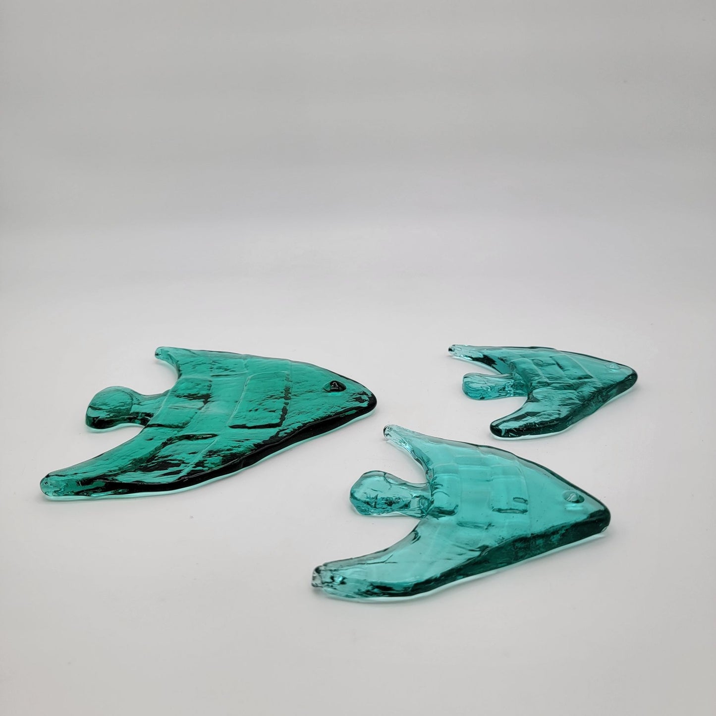 Set Of 3 Vintage Recycled Glass Teal Blue Angel Fish Sculptures