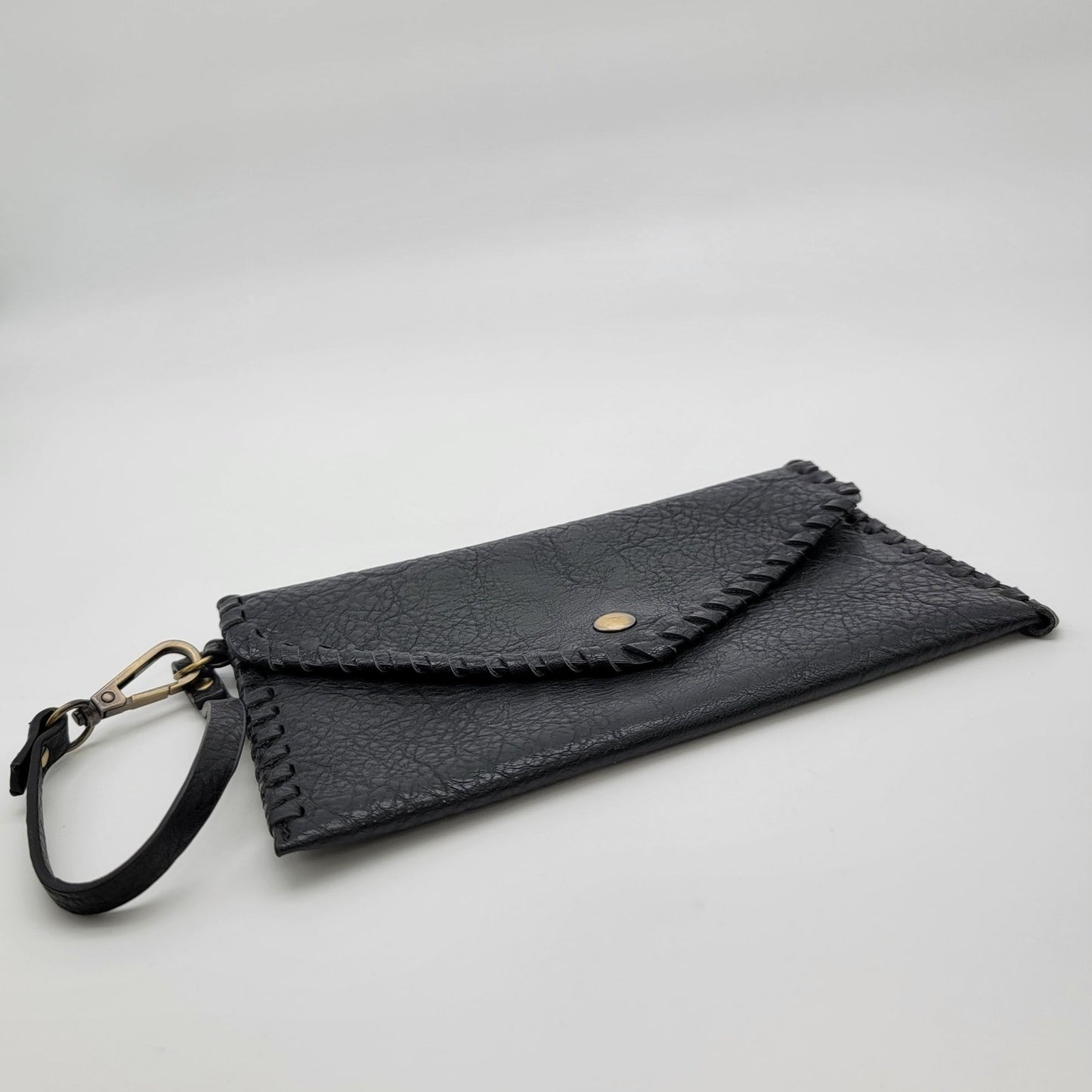 Black Leather Wristlet Clutch Wallet With Snap Closure & Hand-Stitched Edges