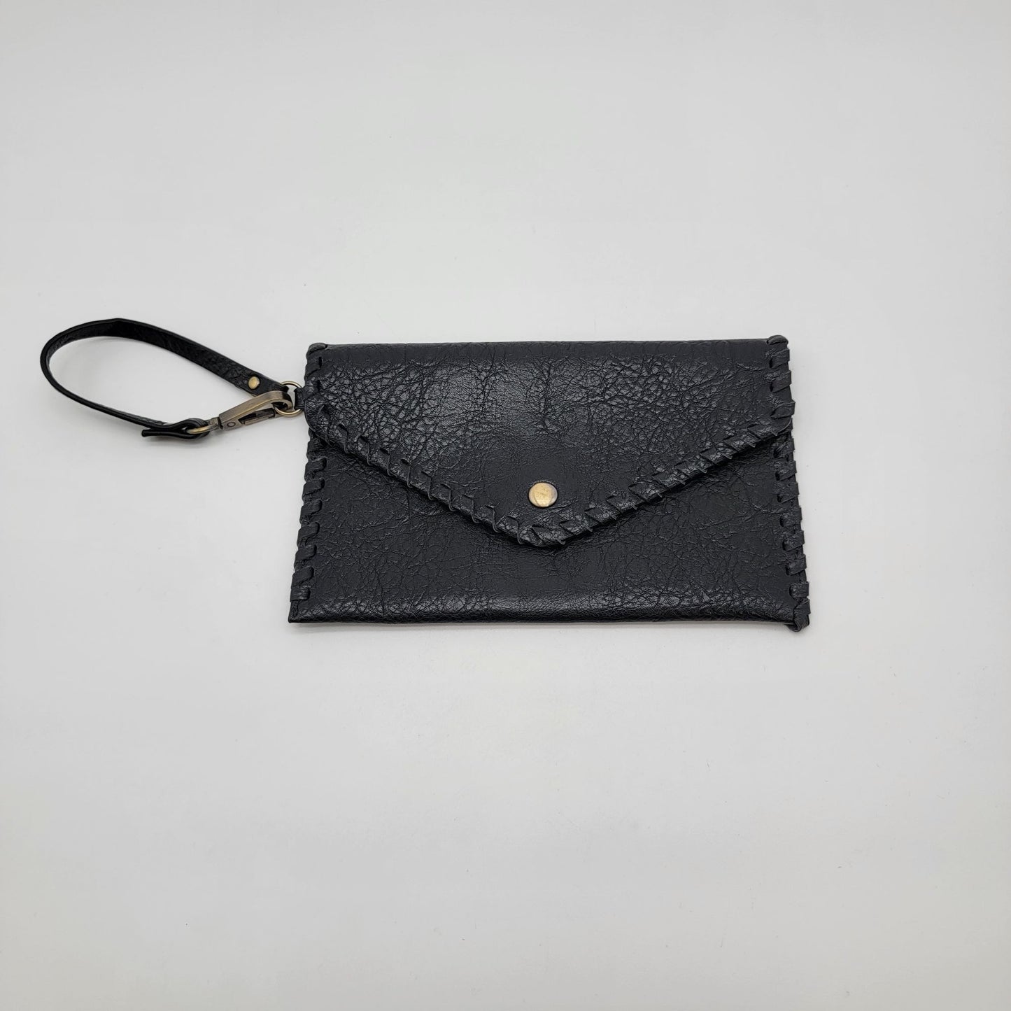 Black Leather Wristlet Clutch Wallet With Snap Closure & Hand-Stitched Edges