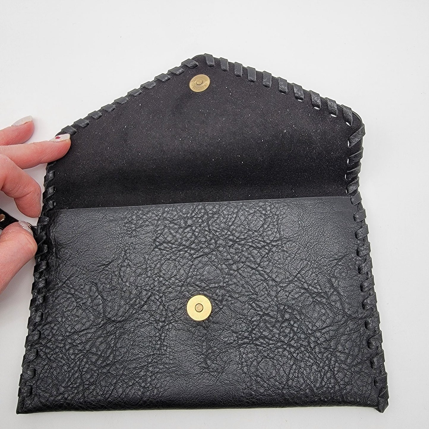 Black Leather Wristlet Clutch Wallet With Snap Closure & Hand-Stitched Edges