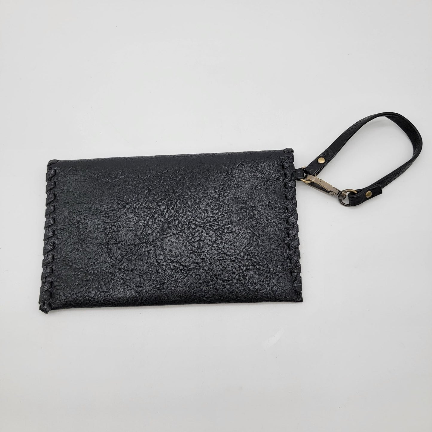 Black Leather Wristlet Clutch Wallet With Snap Closure & Hand-Stitched Edges