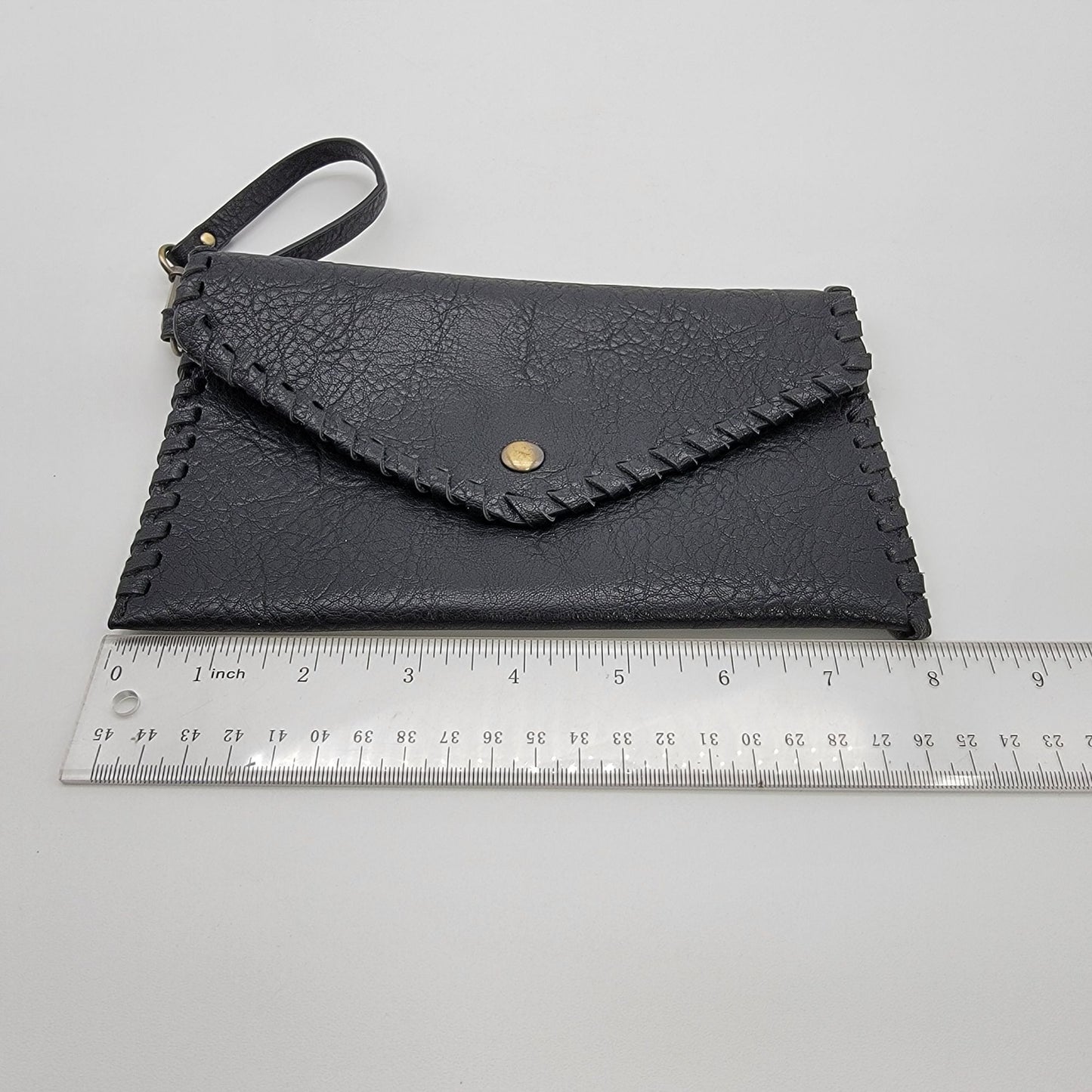 Black Leather Wristlet Clutch Wallet With Snap Closure & Hand-Stitched Edges
