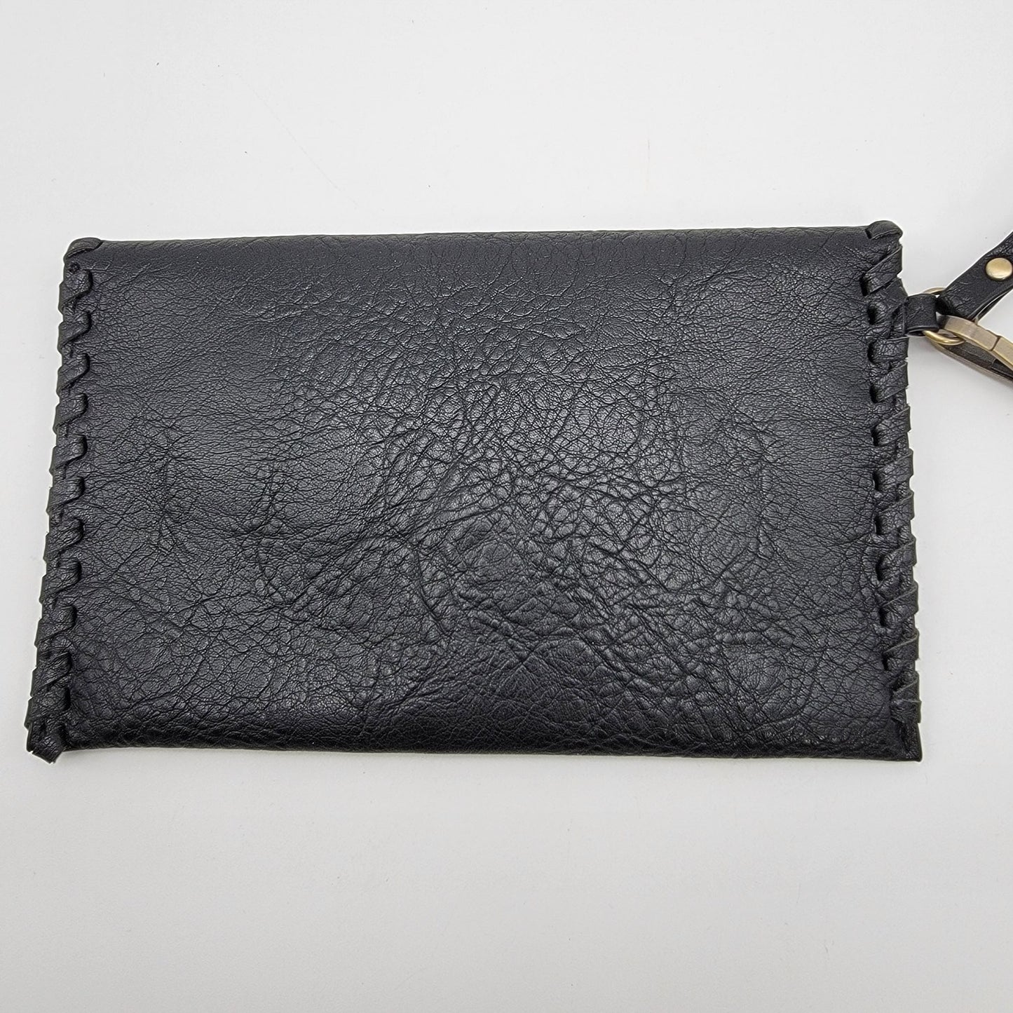 Black Leather Wristlet Clutch Wallet With Snap Closure & Hand-Stitched Edges