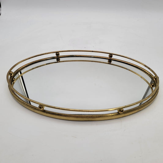 Vintage 1970's Oval Gold Metal Vanity Tray With Mirror