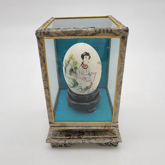 Vintage Asian Handpainted Geisha Egg in Silk Wrapped Glass Display Case