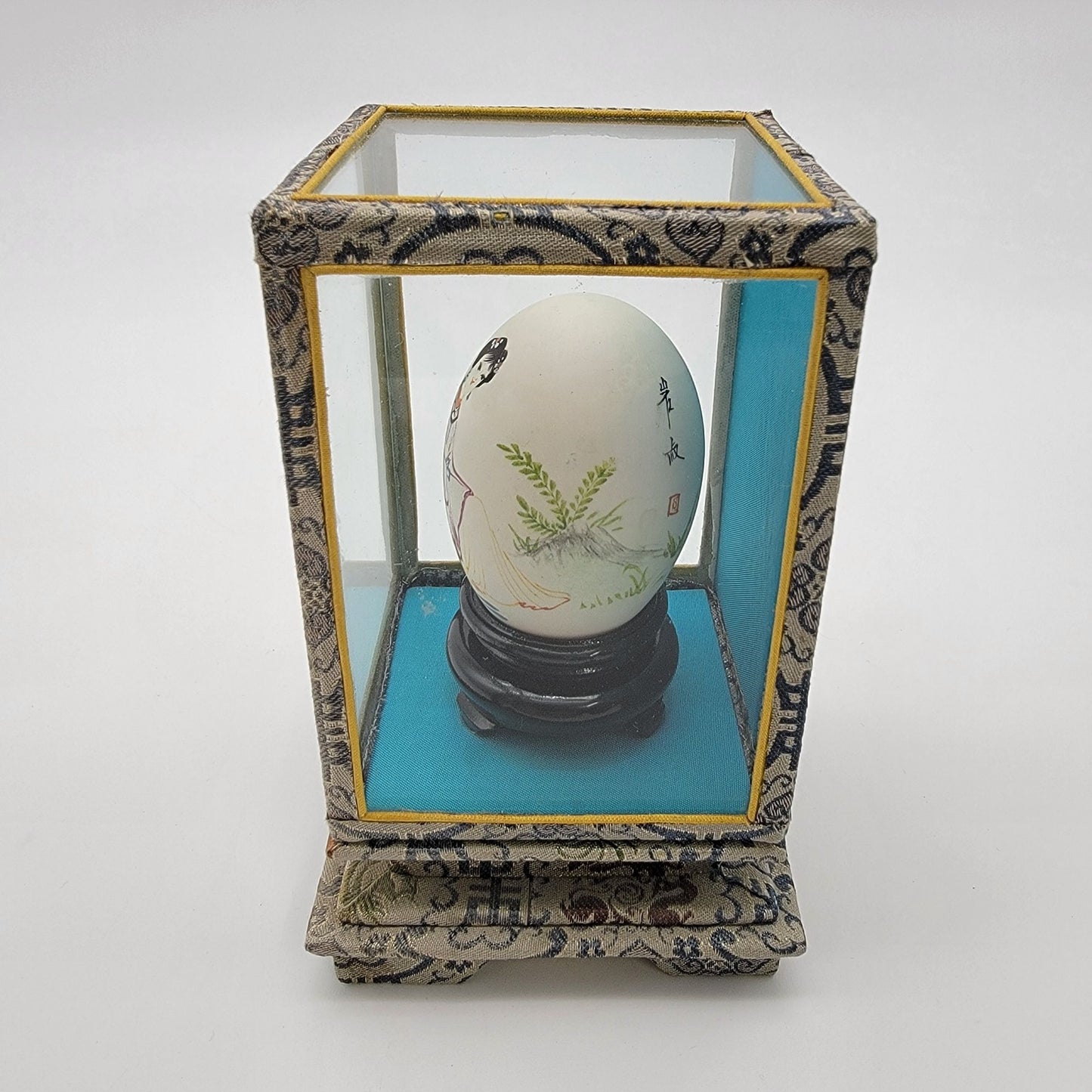 Vintage Asian Handpainted Geisha Egg in Silk Wrapped Glass Display Case