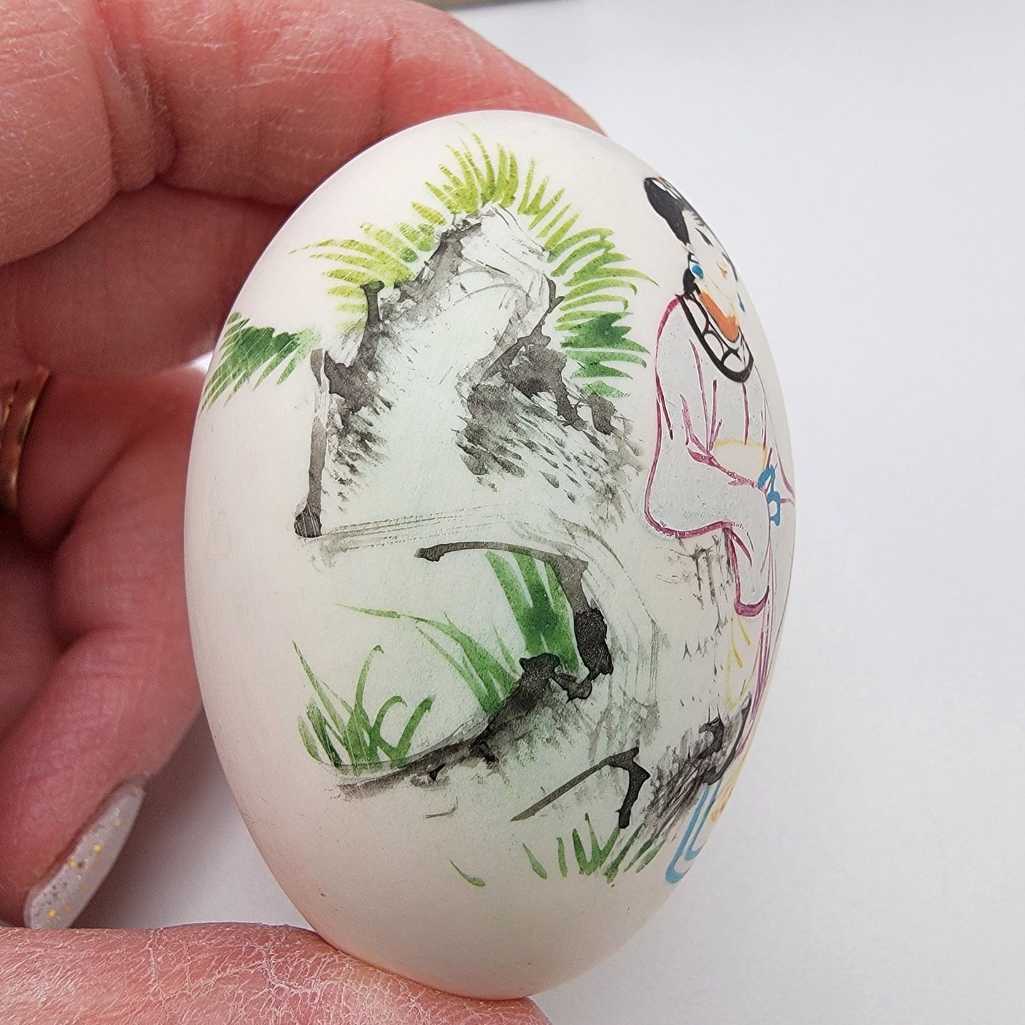 Vintage Asian Handpainted Geisha Egg in Silk Wrapped Glass Display Case