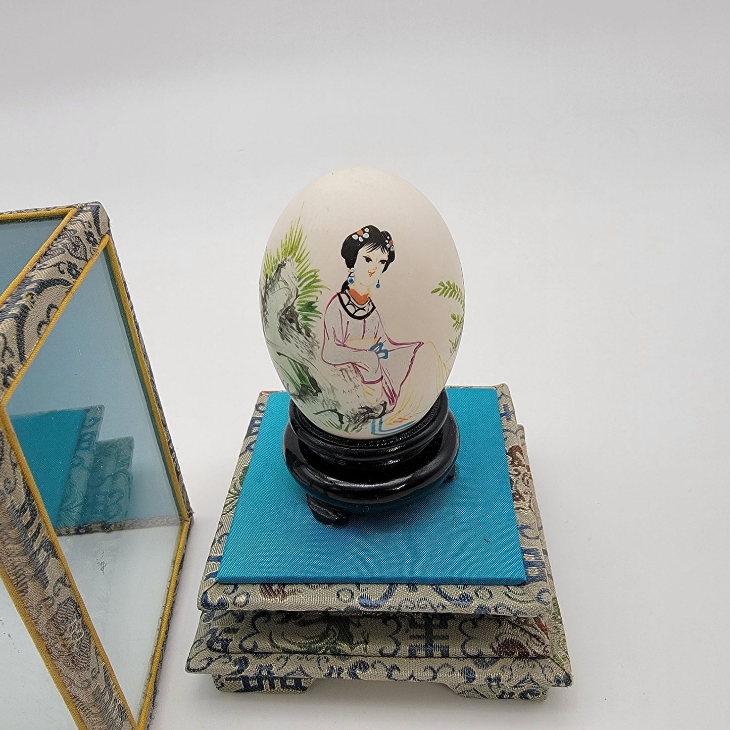 Vintage Asian Handpainted Geisha Egg in Silk Wrapped Glass Display Case